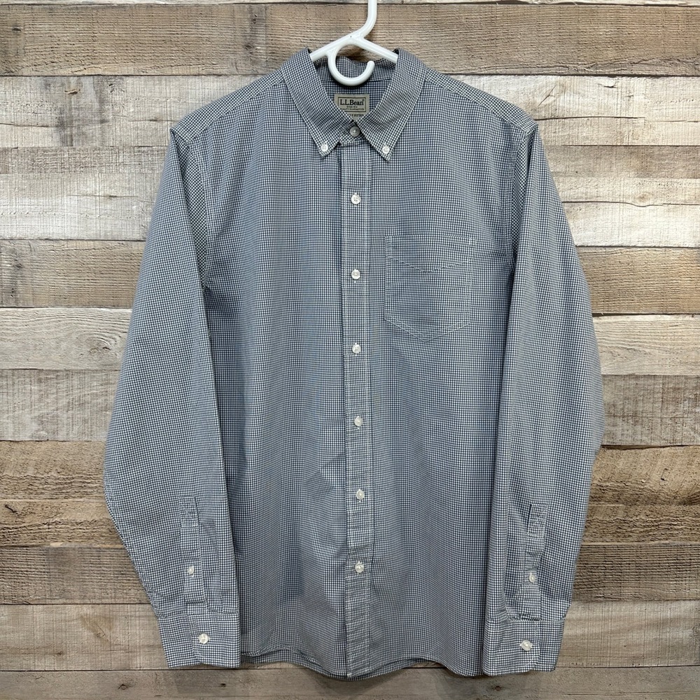 LL Bean Mens Slightly Fitted Teal Blue White Micro Check Shirt M Coolmax